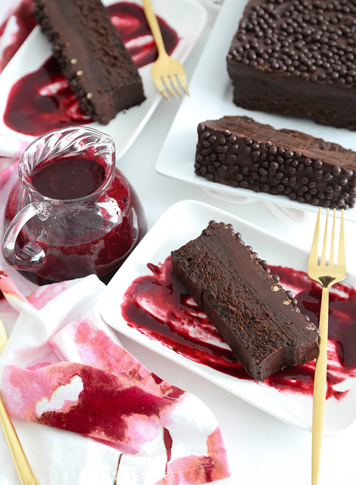 Flourless Chocolate Loaf Cake with Berry Coulis