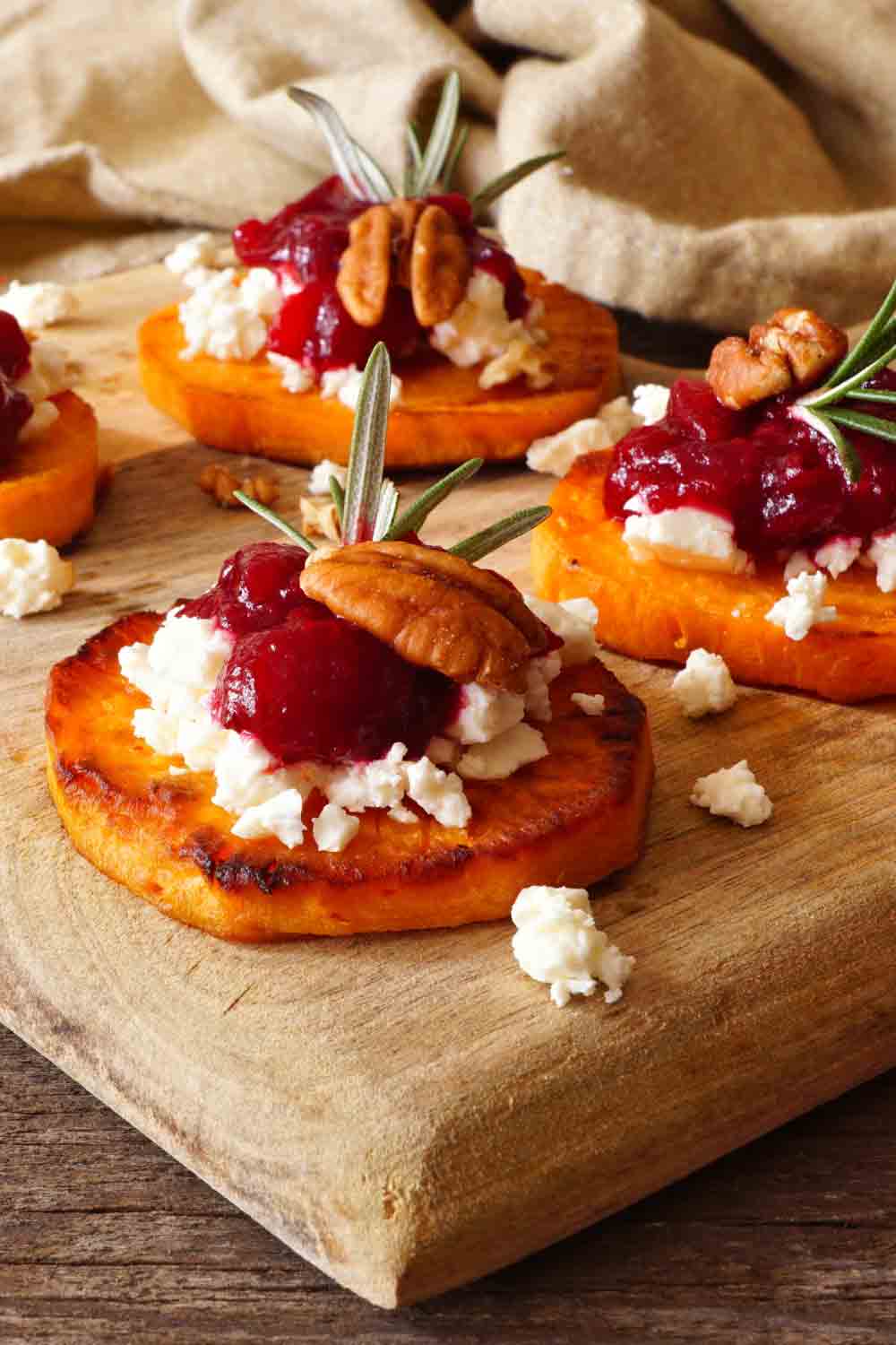 Sweet Potato Crostini with Goat Cheese and Candied Pecans