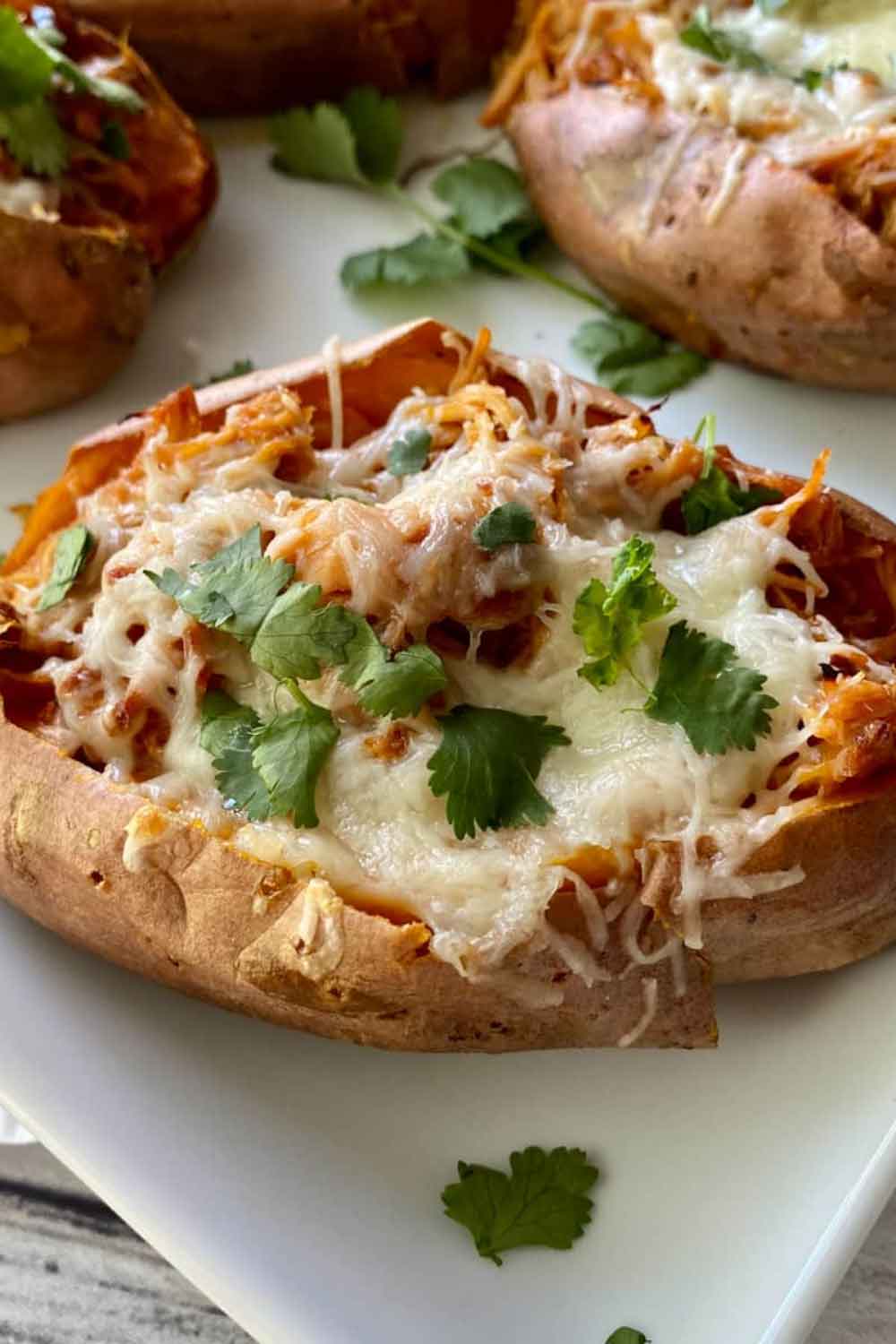Sweet Potatoes With Chicken and Jalapeño Slaw